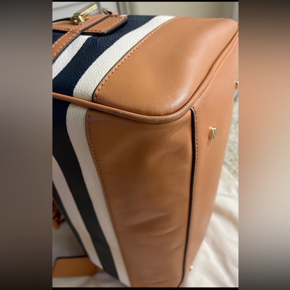 Tory Burch Navy and White Striped Satchel with Tan Trim - Picture 5 of 13